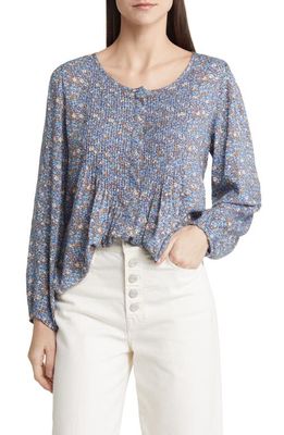 Lucky Brand Floral Pintuck Popover Blouse in Blue Multi