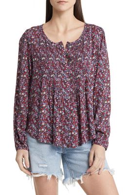 Lucky Brand Floral Pintuck Popover Blouse in Navy Multi