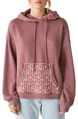 Lucky Brand Floral Quilted Patchwork Fleece Hoodie in Burgundy Multi
