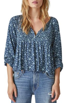 Lucky Brand Floral Smocked Henley Top in Blue Floral