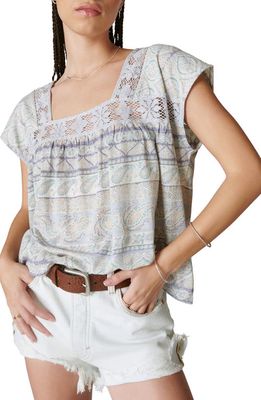 Lucky Brand Lace Accent Print Peasant Top in Blue Multi