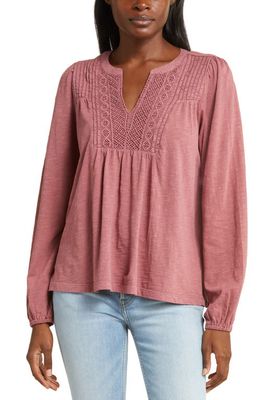 Lucky Brand Lace Pintuck Yoke Cotton Peasant Top in Roan Rouge