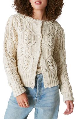 Lucky Brand Metallic Thread Cotton Blend Cable Cardigan in Light Heather Gray