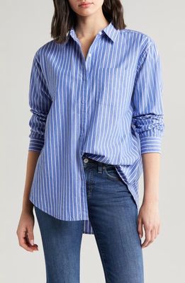 Lucky Brand Oversize Cotton Button-Up Shirt in Blue Stripe