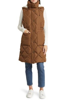 Lucky Brand Oversize Longline Puffer Vest with Removable Faux Shearling Lined Hood in Pecan