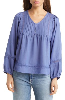 Lucky Brand Pintuck & Embroidery Cotton Blend Peasant Blouse in Bleached Denim