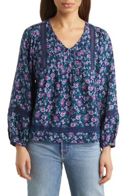 Lucky Brand Pintuck & Embroidery Cotton Blend Peasant Blouse in Navy Multi