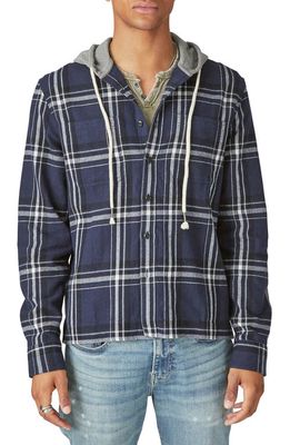 Lucky Brand Plaid Cotton Flannel Hooded Shirt Jacket in Navy Multi