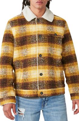 Lucky Brand Plaid Faux Shearling Lined Trucker Jacket in Yellow Plaid
