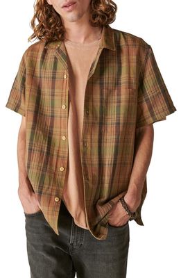 Lucky Brand Plaid Linen & Cotton Camp Shirt in Red Green