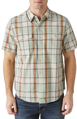 Lucky Brand Plaid Short Sleeve Cotton Button-Up Workwear Shirt in Green Stripe