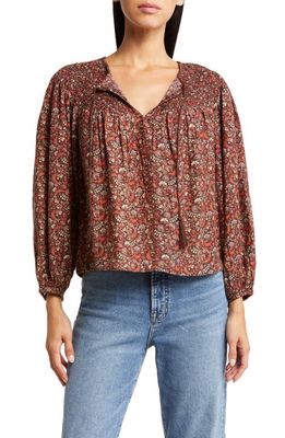 Lucky Brand Print Smocked Peasant Blouse in Brown Multi