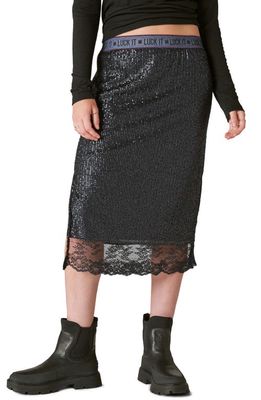 Lucky Brand Sequin Lace Trim Midi Skirt in Dark Navy