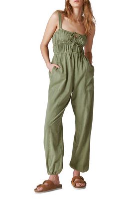 Lucky Brand Shirred Cotton & Linen Utility Jumpsuit in Four Leaf Clover