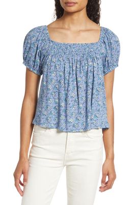 Lucky Brand Square Neck Floral Print Cotton Blend Top in Blue Multi