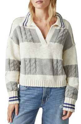 Lucky Brand Stripe Collared Cotton Sweater in Cream Grey Stripe