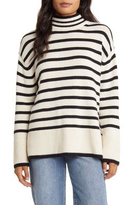 Lucky Brand Stripe Oversize Mock Neck Sweater in Whitecap Grey Black