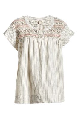 Lucky Brand Stripe Smocked Short Sleeve Cotton Top in Green Stripe