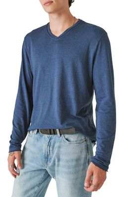 Lucky Brand Venice Burnout V-Neck Long Sleeve Cotton Blend T-Shirt in Dress Blues