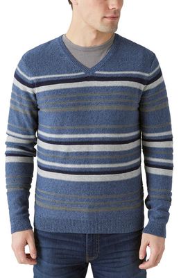 Lucky Brand Welterweight Stripe V-Neck Cotton & Linen Sweater in Denim Combo