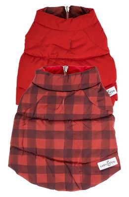 Lucy & Co. The Holly Jolly Reversible Puffer Dog Vest in Holly Jolly Plaid