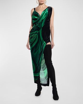Lucy OIl-Print Cowl-Neck Velvet Midi Dress