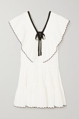 Lug Von Siga - Cora Bow-detailed Tiered Embroidered Linen Mini Dress - White