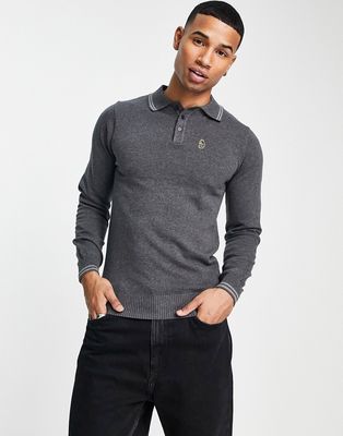 Luke long sleeve knitted polo in gray