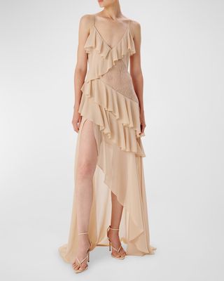 Luke Tiered Ruffle Chiffon and Lace High-Low Dress