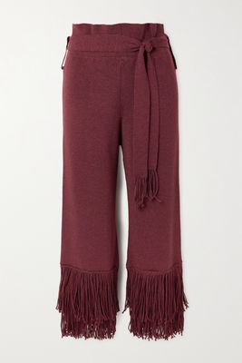 Lukhanyo Mdingi - Belted Fringed Metallic Ribbed Merino Wool-blend Wide-leg Pants - Burgundy