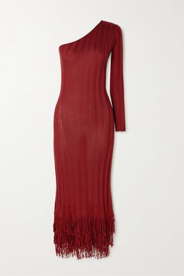 Lukhanyo Mdingi - One-shoulder Fringed Ribbed Silk Maxi Dress - Burgundy