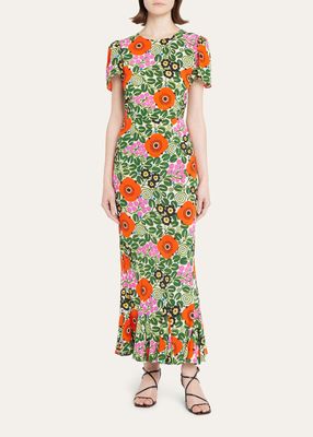 Lulani Fluted Floral-Print Ankle Dress