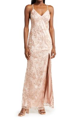 Lulus Blissful Blossoms Floral Sequin Gown in Blush Pink
