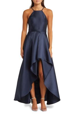 Lulus Broadway Show Satin High-Low Gown in Navy Blue