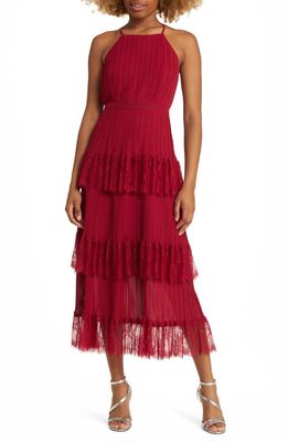 Lulus Came for Cocktails Pleated Lace Midi Dress in Wine Red
