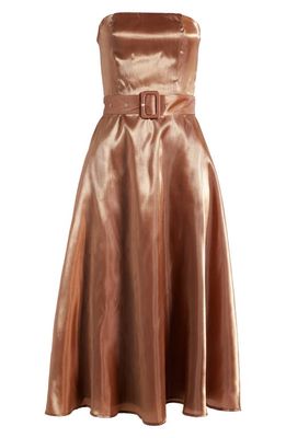 Lulus Chicly Stunning Belted Strapless Cocktail Midi Dress in Shimmer Rust