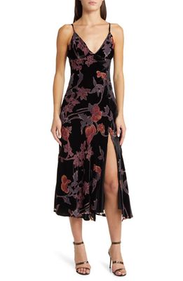 Lulus Divine Allure Floral Velvet Burnout Cocktail Midi Dress in Black Floral