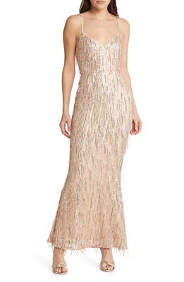 Lulus Endless Festivities Sequin Fringe Gown in Rose Gold