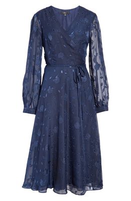 Lulus Evening of Elegance Floral Long Sleeve Midi Wrap Dress in Navy Blue Floral