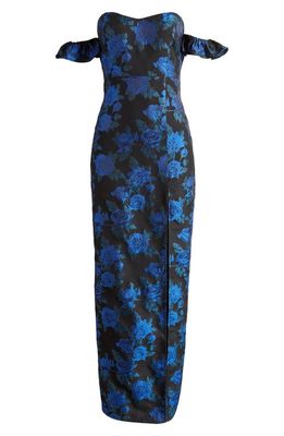 Lulus Exceptional Occasion Floral Jacquard Off the Shoulder Gown in Black/Blue