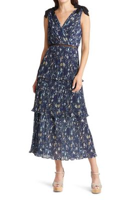 Lulus Floral Tiered Ruffle Chiffon Dress in Navy Blue Floral Print