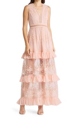 Lulus Garden Dreams Lace Tiered Maxi Dress in Blush
