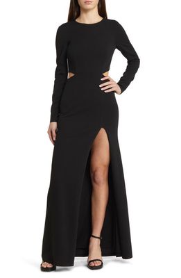 Lulus Going For the Wow Side Slit Long Sleeve Gown in Black