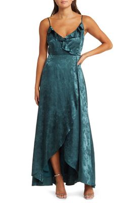 Lulus Got the Glamour Wrap Satin Gown in Emerald Green