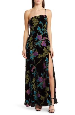 Lulus Luxurious Romance Floral Velvet Burnout One-Shoulder Gown in Black Floral Burnout