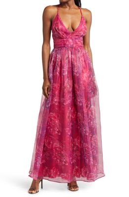 Lulus Romance That Wows Floral Organza Gown in Magenta Floral Print