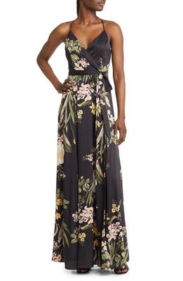 Lulus Still the One Floral Faux Wrap Gown in Black Floral