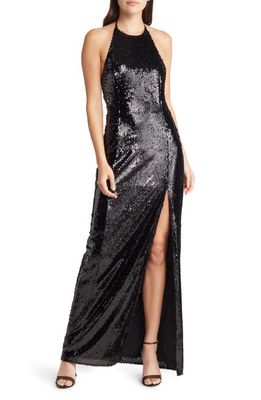 Lulus Taking The Stage Sequin Halter Neck Gown in Black