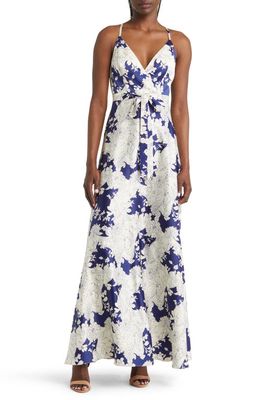 Lulus Tea Gardens Satin Maxi Dress in Navy Blue Floral