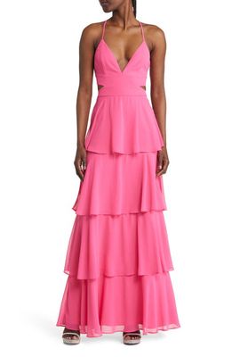 Lulus Tier & Now Waist Cutout Gown in Hot Pink